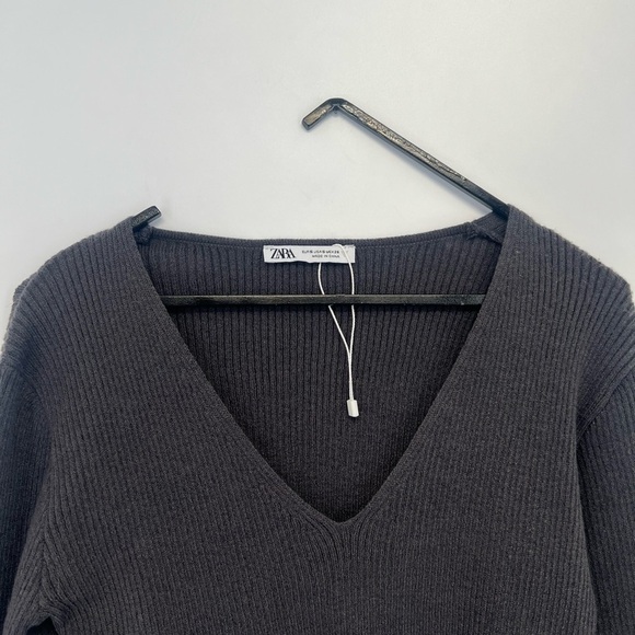 Zara Rhinestone Trim Fringe V Neck Soft Knit Long Sleeve Crop Top - Picture 1 of 6